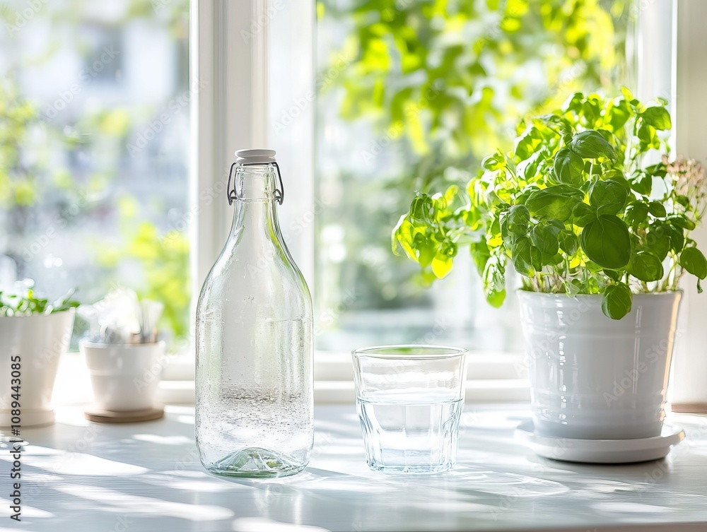 Glass Water Bottle and Glass on Windowsill Glass Water Bottle and Glass on Windowsill