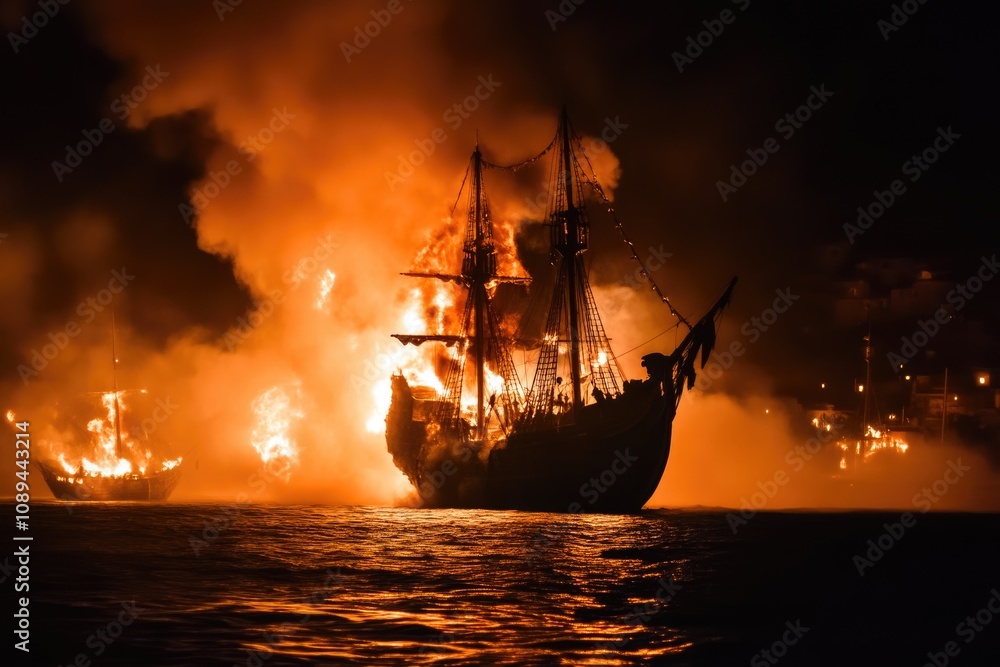 Obraz premium Burning Wreckage: Pirate Ship in Ocean Battle Smoke