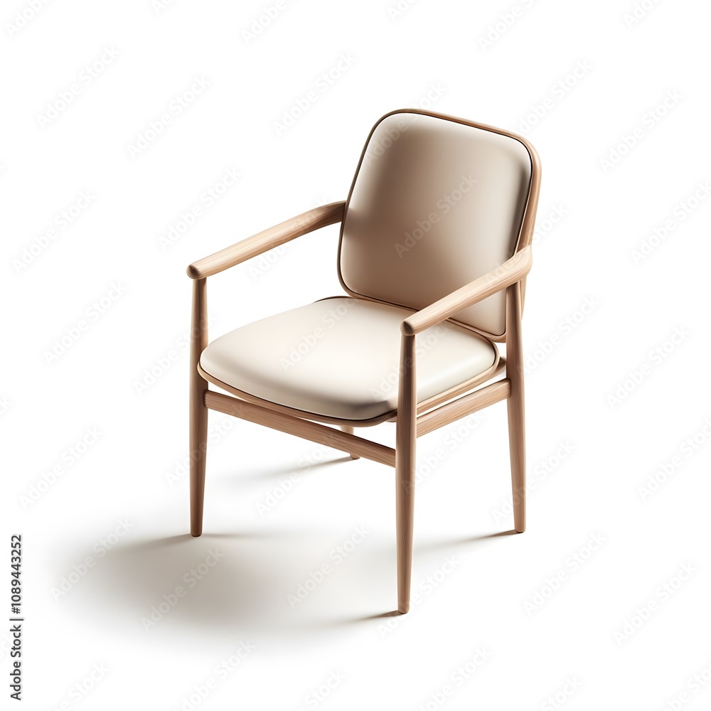 Elegant beige wooden chair with padded cushion and armrests on white background Elegant beige wooden chair with padded cushion and armrests on white background