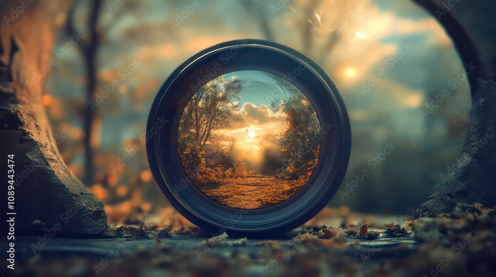 A camera lens reflects a beautiful sunset and forest scene, representing the power of photography to capture moments. A camera lens reflects a beautiful sunset and forest scene, representing the power of photography to capture moments.