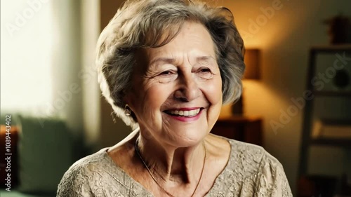 Smiling elderly woman in lace attire with warm lighting in a cozy indoor setting, radiating happiness