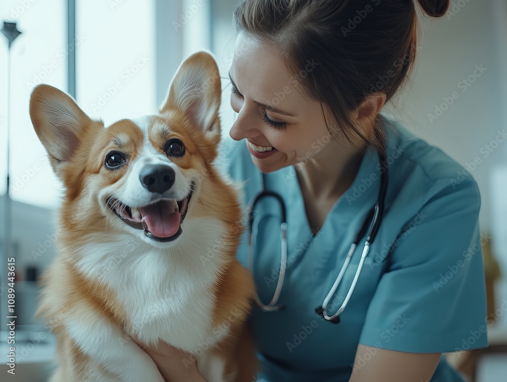 Happy Vet Examining Adorable Corgi Happy Vet Examining Adorable Corgi