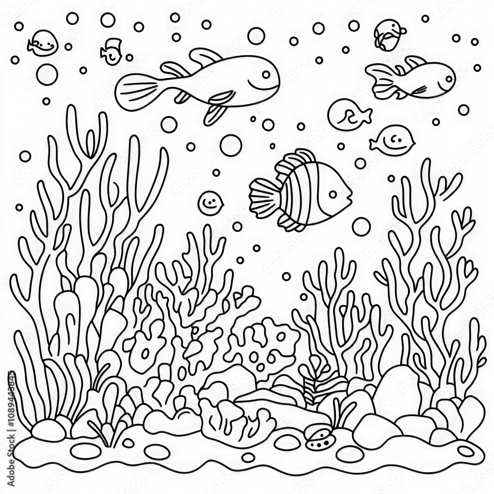 Fototapeta premium A whimsical coral reef with marine life, coloring page for kids, simple outline illustration. Coloring book, simple lines.