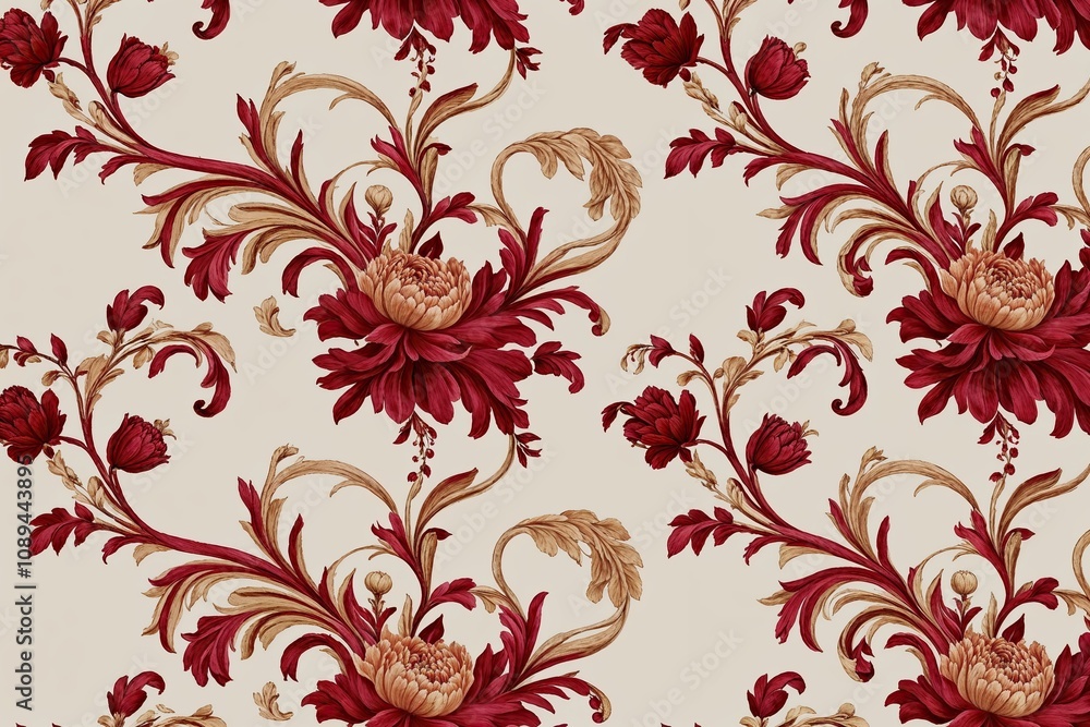 Timeless Ruby and Cream Renaissance Floral Scrolls Decorative Design Timeless Ruby and Cream Renaissance Floral Scrolls Decorative Design