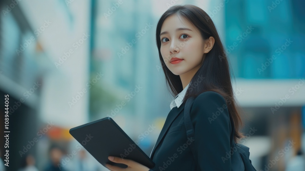 Successful young Asian entrepreneur with tablet in urban environment Successful young Asian entrepreneur with tablet in urban environment