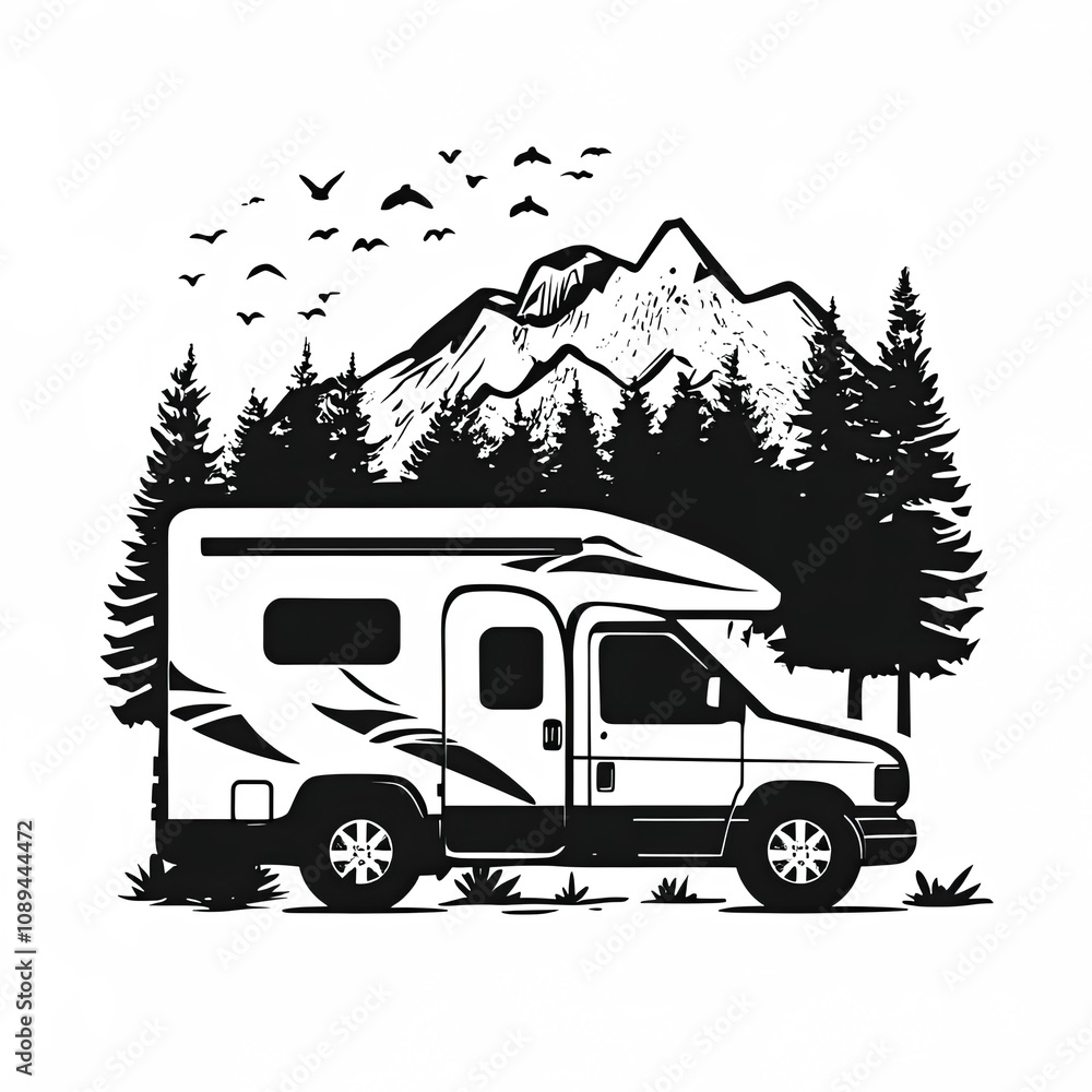 Obraz premium Camper Silhouette, Illustration Isolated On White Background