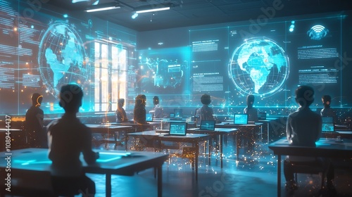 An educational scene depicts holographic classrooms displaying cutting edge global innovations all under the guidance of international policy symbols showcasing the future of collaborative