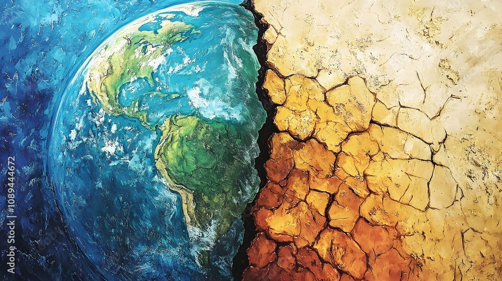 Naklejka premium Imaginative depiction of half vibrant, half cracked Earth, showcasing environmental challenges through an artistic blend of colors and textures.