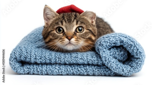 Adorable cat resting on a cozy blanket with a cute hat photo