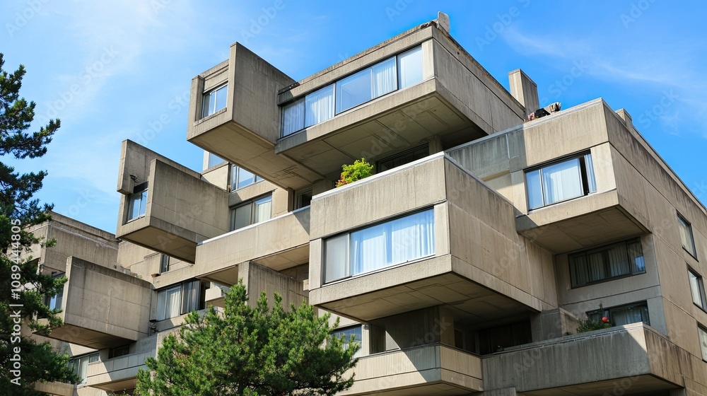 Modern concrete apartment building with geometric design against a bright blue sky, creating a striking urban look. Modern concrete apartment building with geometric design against a bright blue sky, creating a striking urban look.