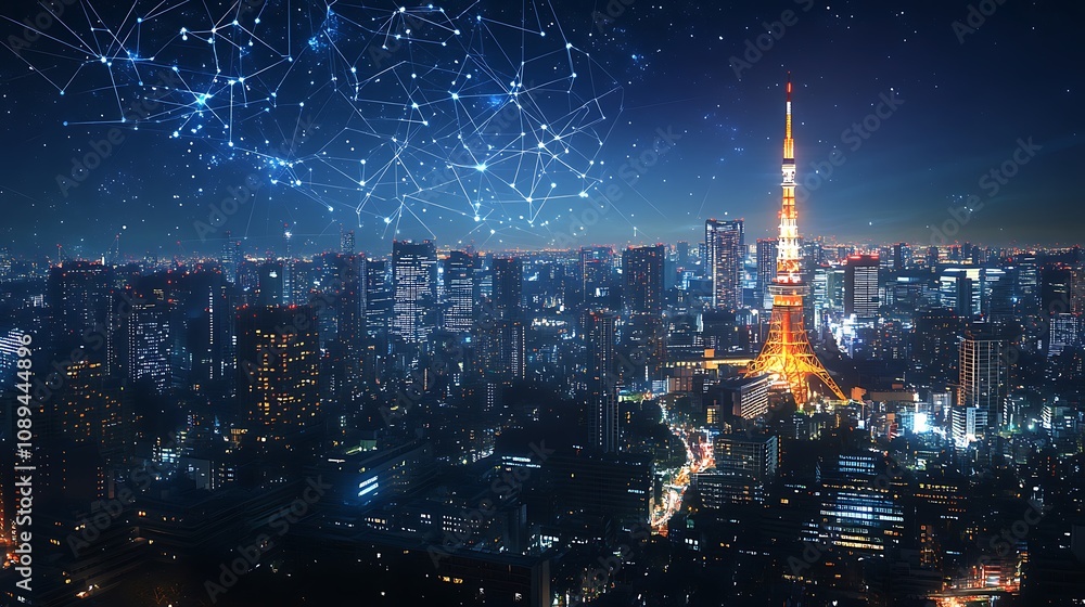 Obraz premium A wide shot of Tokyo at night city lights glowing