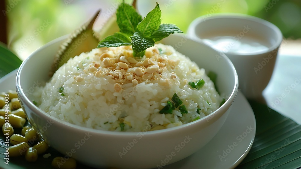 Closeup of a delectable durian sticky rice dish served in a white bowl featuring vibrant green glutinous rice roasted mung beans a small cup of rich coconut milk Closeup of a delectable durian sticky rice dish served in a white bowl featuring vibrant green glutinous rice roasted mung beans a small cup of rich coconut milk