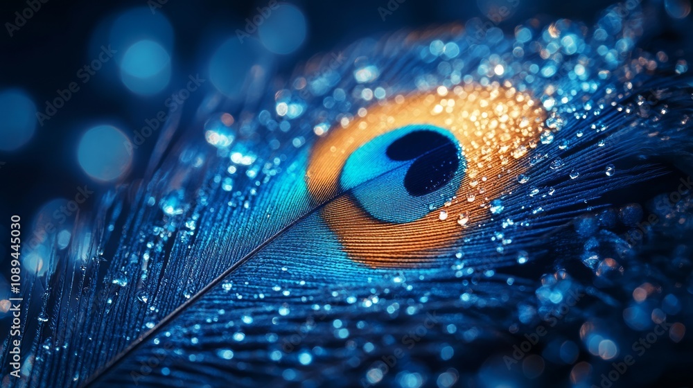 Naklejka premium A close-up of a peacock feather adorned with water droplets, showcasing vibrant colors and textures.