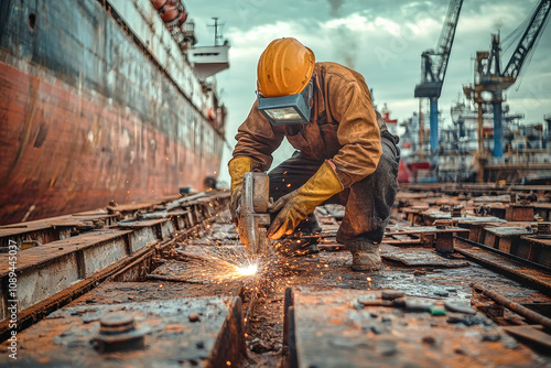 Carta da parati A welder meticulously cutting metal in a bustling shipyard surrounded by ships a