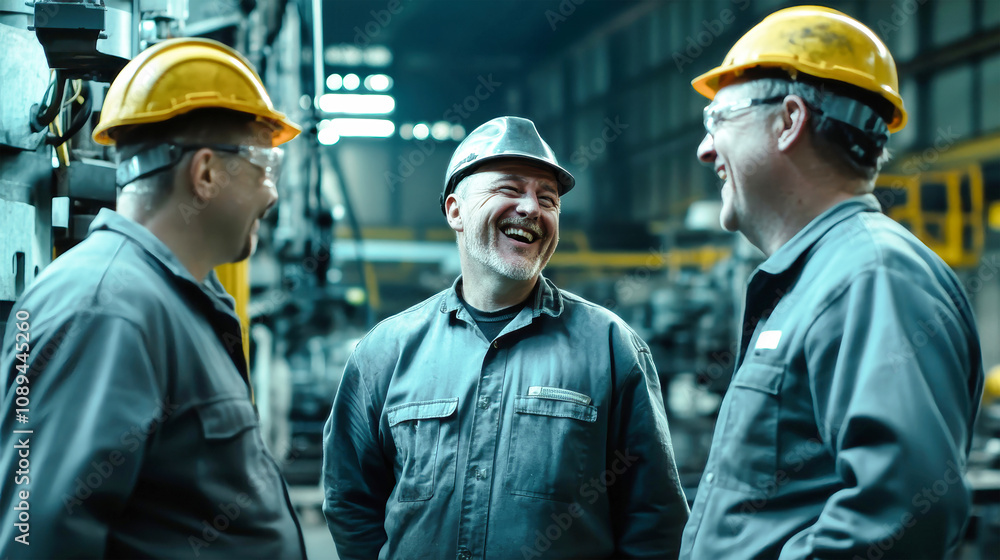 Happy middle-aged workers in uniform laugh together on the production line in a factory during a sunny afternoon Happy middle-aged workers in uniform laugh together on the production line in a factory during a sunny afternoon