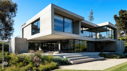 Modern concrete structure with large windows and clean lines, set against a bright blue sky for a fresh architectural look.