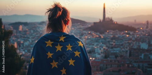 Celebrating European Identity: A Dusk View Over a Vibrant City Skyline photo