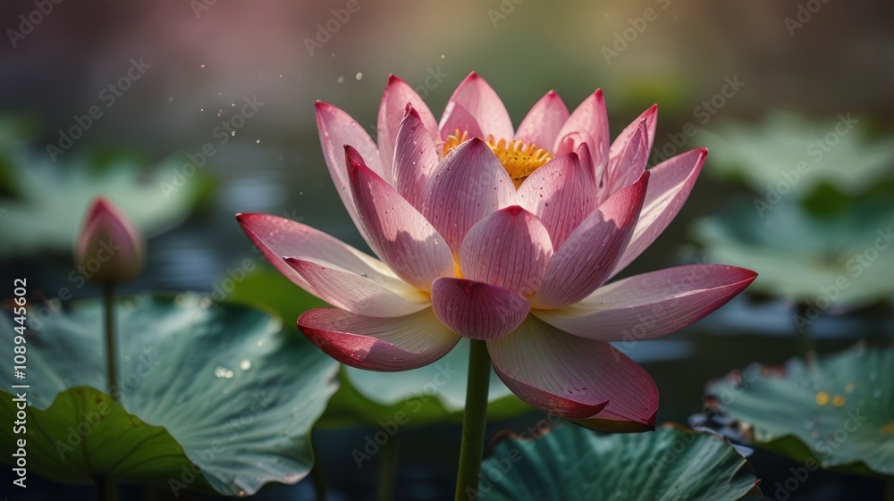 A pink water lily with dew drops on its petals, surrounded by green lily pads in a pond. A pink water lily with dew drops on its petals, surrounded by green lily pads in a pond.