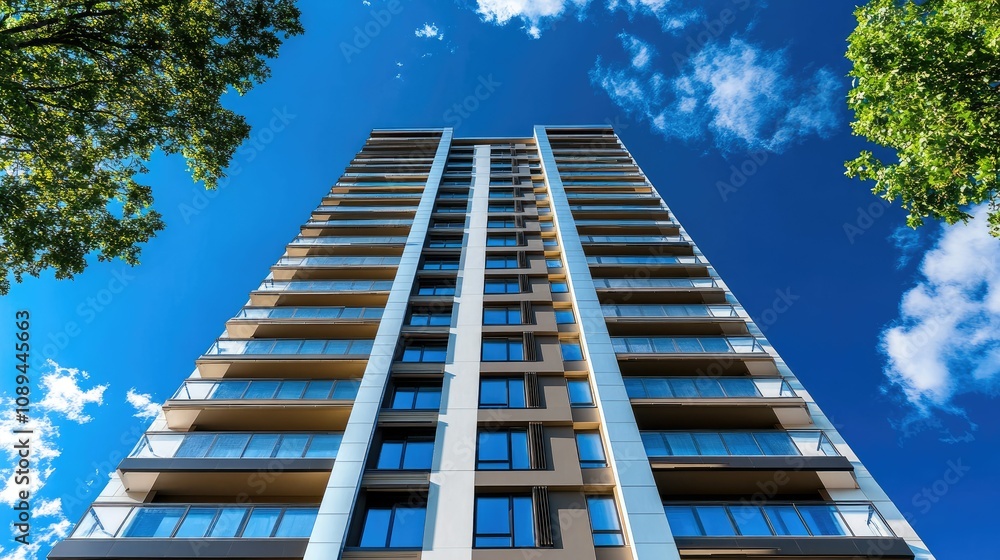 Modern high-rise concrete building with sharp, clean lines under a deep blue sky, capturing the elegance of modern architecture. Modern high-rise concrete building with sharp, clean lines under a deep blue sky, capturing the elegance of modern architecture.