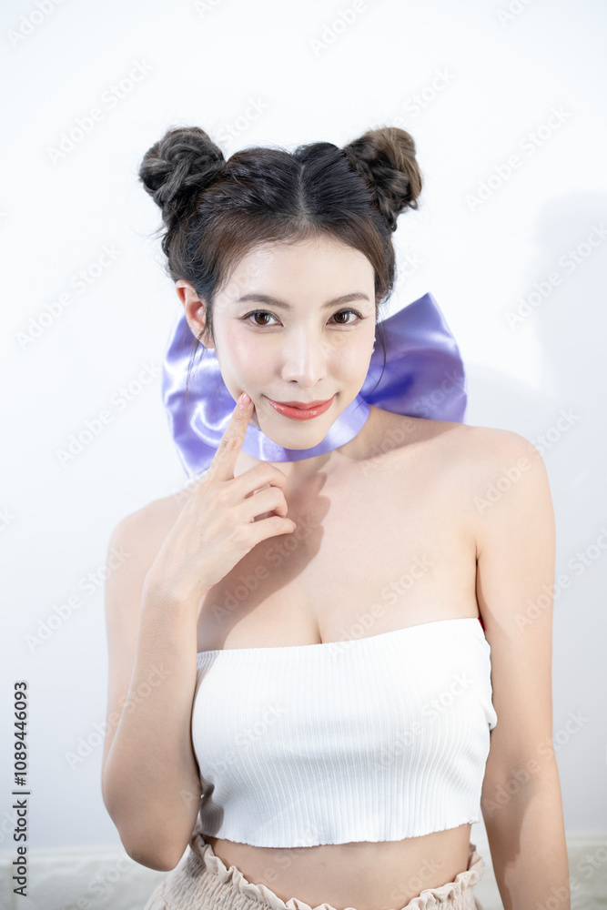 Woman in white strapless clothes portrait sexy and cute concept. Woman in white strapless clothes portrait sexy and cute concept.