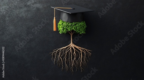 Conceptual image depicting a graduation cap with roots growing into the shape of a tree symbolizing the growth development and foundation that education provides photo