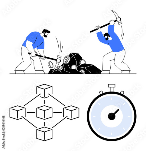 Two miners breaking rocks blockchain network diagram, and stopwatch. Ideal for blockchain, cryptocurrency, decentralized systems, mining concepts, digital technology, time management, efficiency
