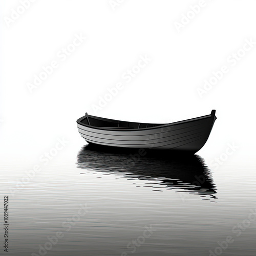 Rowing Boat Silhouette, Black And White Illustration Isolated On White Background