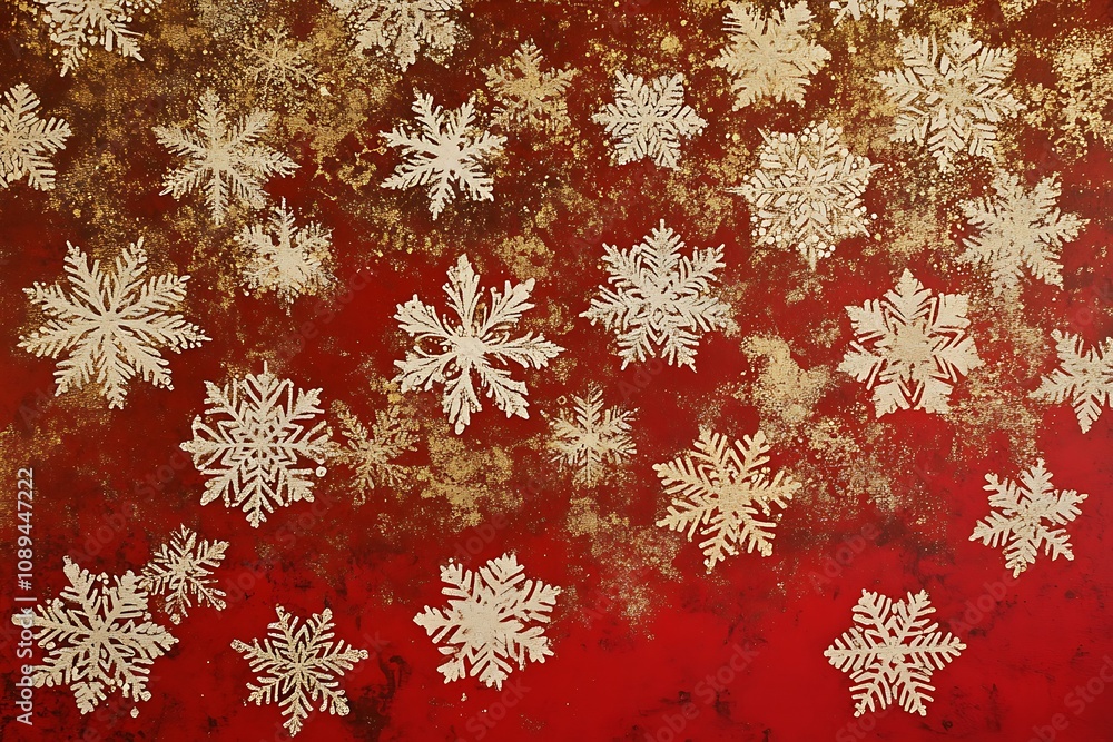 Abstract snowflakes in white and gold on a red background Abstract snowflakes in white and gold on a red background