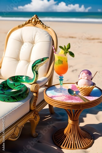 fabulous green snake is resting on the sea lying on a chaise longue, next to a table with a summer cocktail and ice cream in a waffle cone. Vertical photo for phone