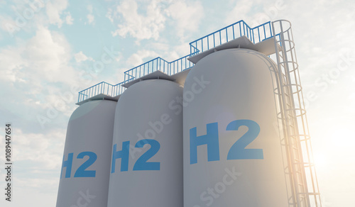 hydrogen fuel gas tank with blue sky and mounttain on background, renewable energy technology. 3d illustration. photo