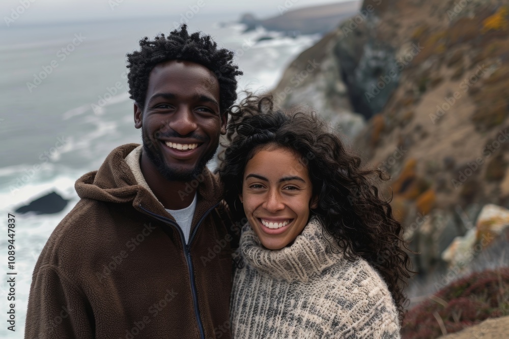 Portrait of a grinning multiethnic couple in their 30s dressed in a comfy fleece pullover over dramatic coastal cliff background Portrait of a grinning multiethnic couple in their 30s dressed in a comfy fleece pullover over dramatic coastal cliff background