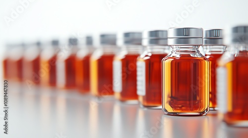 Row of amber glass vials with liquid contents.