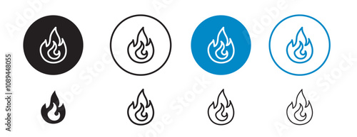Set of 8 "fire" icons, 1 unexpanded, 1 silhouette - Bold fire icon with smooth flames ideal for safety emergency  energy related designs flammable inflammable