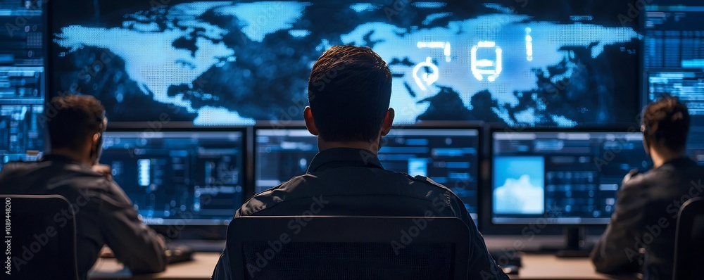 Cyber Attack Simulation with Flashing Warning Lights and Countermeasures in Action A dramatic scene of a cyber security center monitoring and responding to a digital crisis Cyber Attack Simulation with Flashing Warning Lights and Countermeasures in Action A dramatic scene of a cyber security center monitoring and responding to a digital crisis