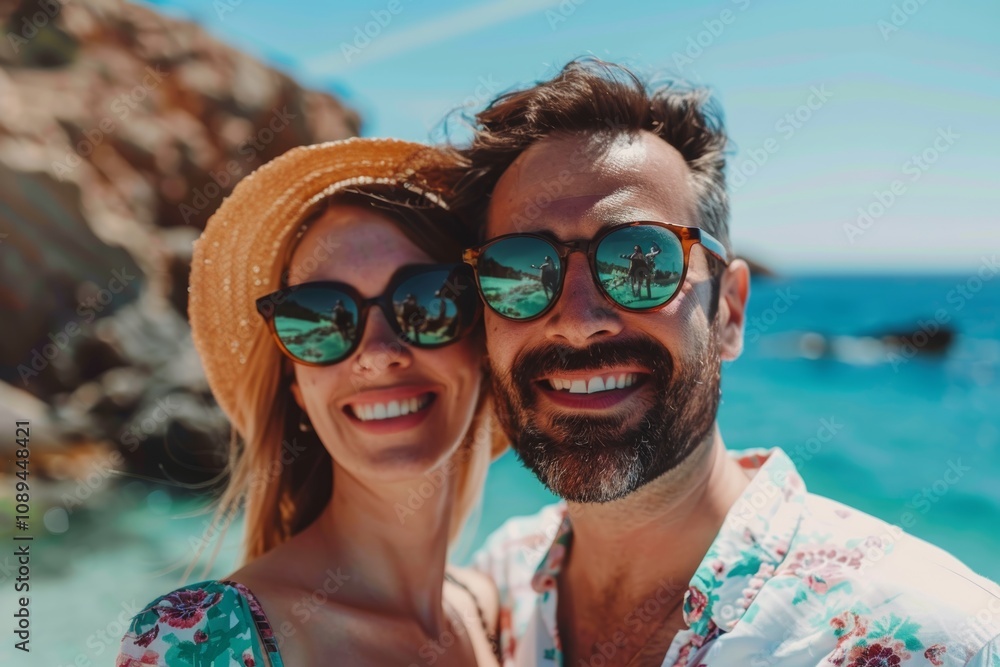 Portrait of a glad couple in their 20s wearing a trendy sunglasses on calm bay background Portrait of a glad couple in their 20s wearing a trendy sunglasses on calm bay background