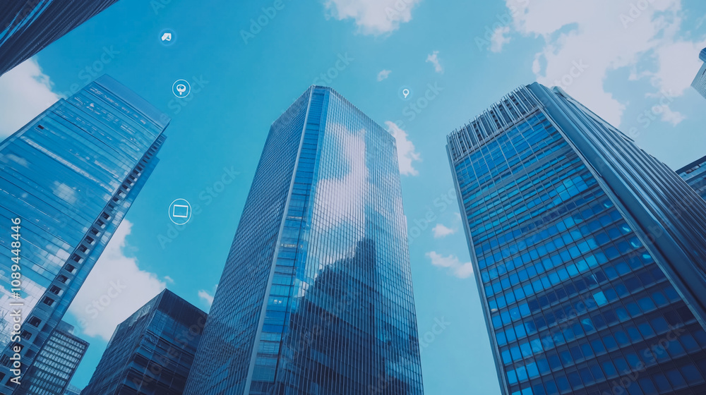 Obraz premium Smart digital Innovation Business skyscrapers in the Financial District with connection network reciprocity over the cityscape. of future smart wireless digital city and social media networking