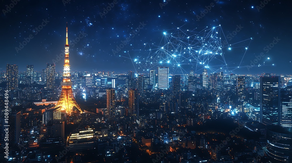 Obraz premium A wide shot of Tokyo at night city lights glowing