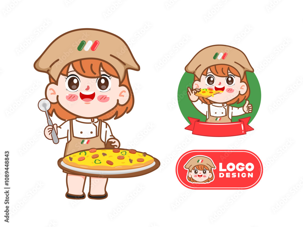 Cute chef cooking food character with pizza logo cartoon design. Hand drawn vector illustration premium. Cute chef cooking food character with pizza logo cartoon design. Hand drawn vector illustration premium.