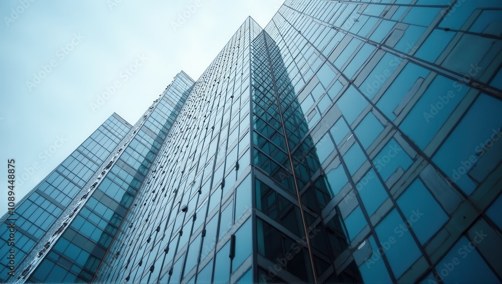 Reflective glass skyscrapers against sky, perspective view, modern architecture, urban landscape, business concept. Generative, AI. Reflective glass skyscrapers against sky, perspective view, modern architecture, urban landscape, business concept. Generative, AI.