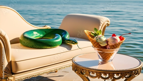 fabulous green snake is resting on the sea lying on a chaise longue, next to a table with a summer cocktail and ice cream in a waffle cone