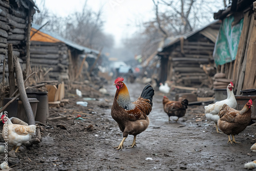 Domestic birds roam freely in a rustic poultry yard during a cloudy day photo