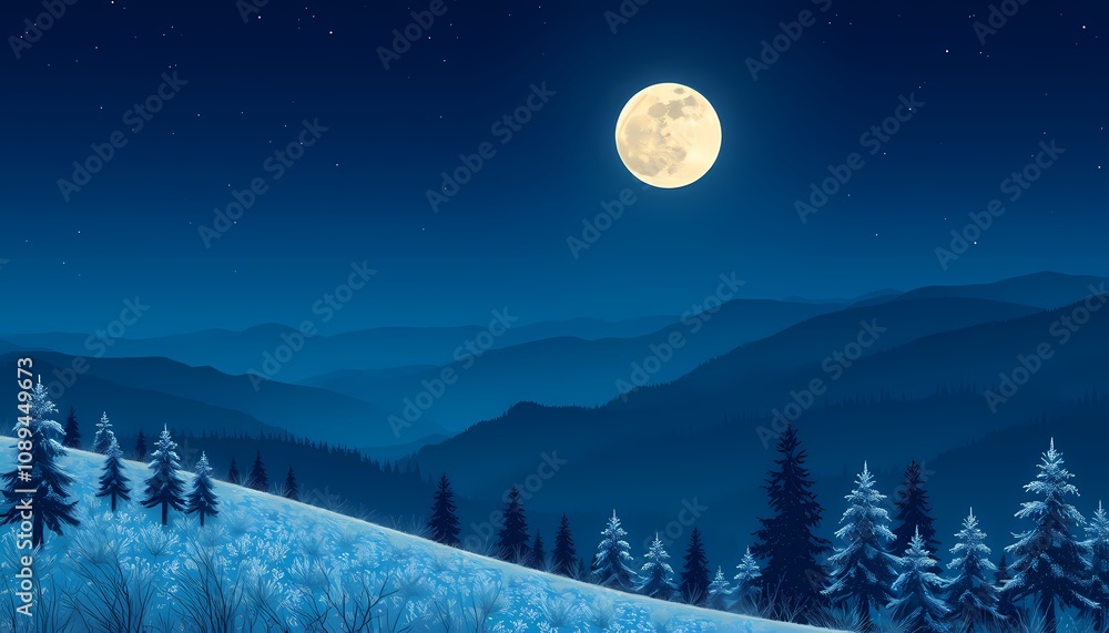 Naklejka premium Full Moon over Snowy Mountains