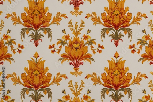 Elegant Neo-Classical Floral Design in Saffron and Yellow on Ivory Background