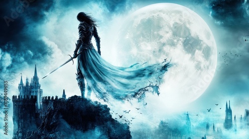 Wallpaper Mural Ethereal Warrior Against a Full Moon: A Captivating Fantasy Scene Torontodigital.ca