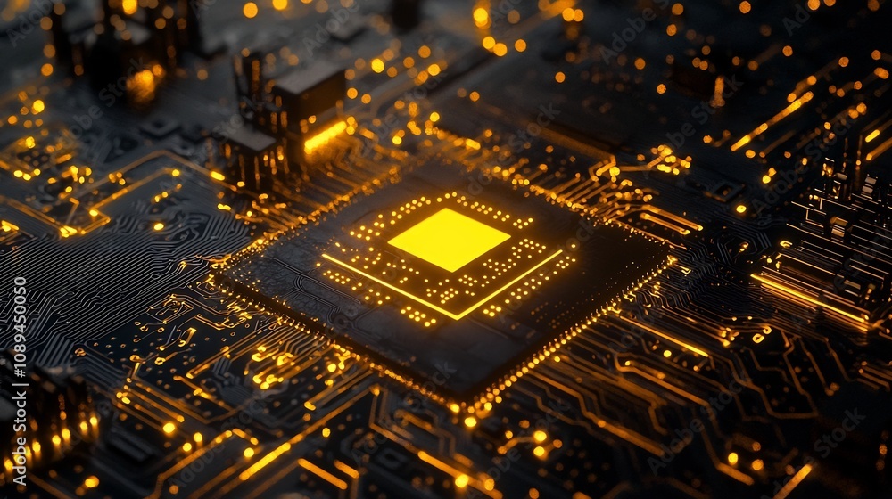 Close up of a bright neon yellow intelligence logo embedded within a sophisticated dark background featuring intricate golden electronics patterns showcasing an advanced semiconductor chip Close up of a bright neon yellow intelligence logo embedded within a sophisticated dark background featuring intricate golden electronics patterns showcasing an advanced semiconductor chip