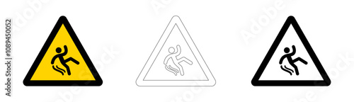 Warning signage of danger, fall risk, slippery floor.