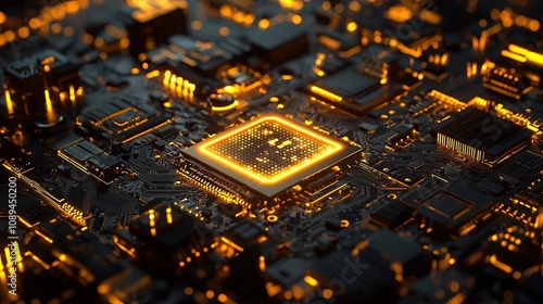 Close up of a futuristic semiconductor with a luminous neon yellow intelligence logo surrounded by elegant golden electronics on a sleek dark high tech background