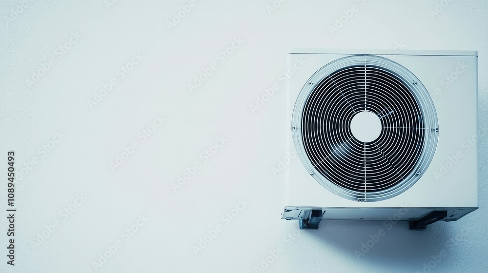 Round grid air conditioning unit on a white wall, showcasing its clean, minimalist design in a contemporary home setting. Round grid air conditioning unit on a white wall, showcasing its clean, minimalist design in a contemporary home setting.