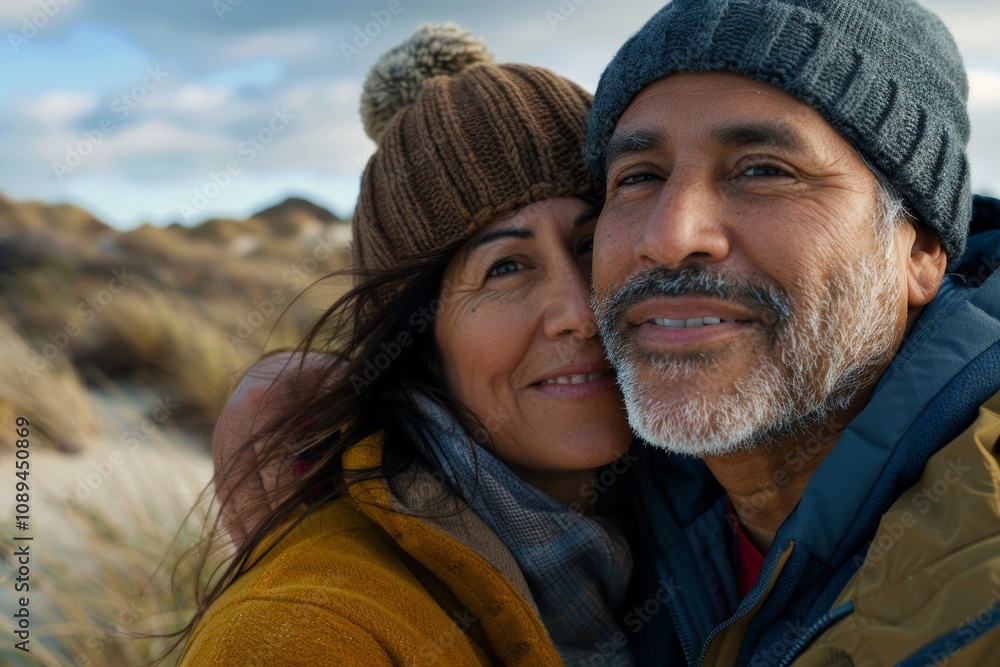 Portrait of a glad latino couple in their 40s donning a warm wool beanie while standing against serene dune landscape background Portrait of a glad latino couple in their 40s donning a warm wool beanie while standing against serene dune landscape background