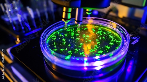 Close up View of a Petri Dish Under a High Tech Microscope Revealing Glowing Genetic Modifications Battling Against Disease Causing Cells in a Scientific Breakthrough